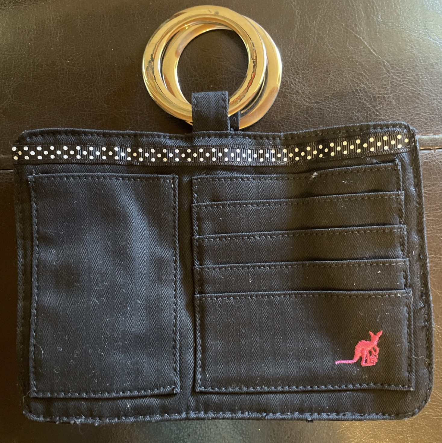 Pouchee Purse Organizer Wallet Black Canvas Polka Dot Trim Kangaroo Logo