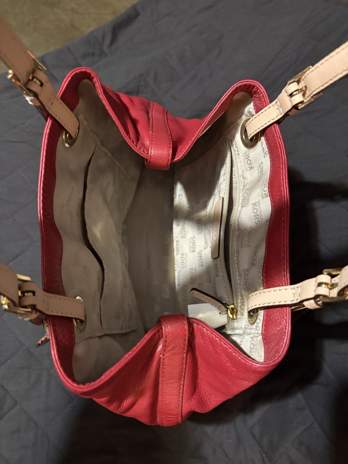 Michael Kors Red Large Tote Beige Double Handles Gold Hardware Charm Snap