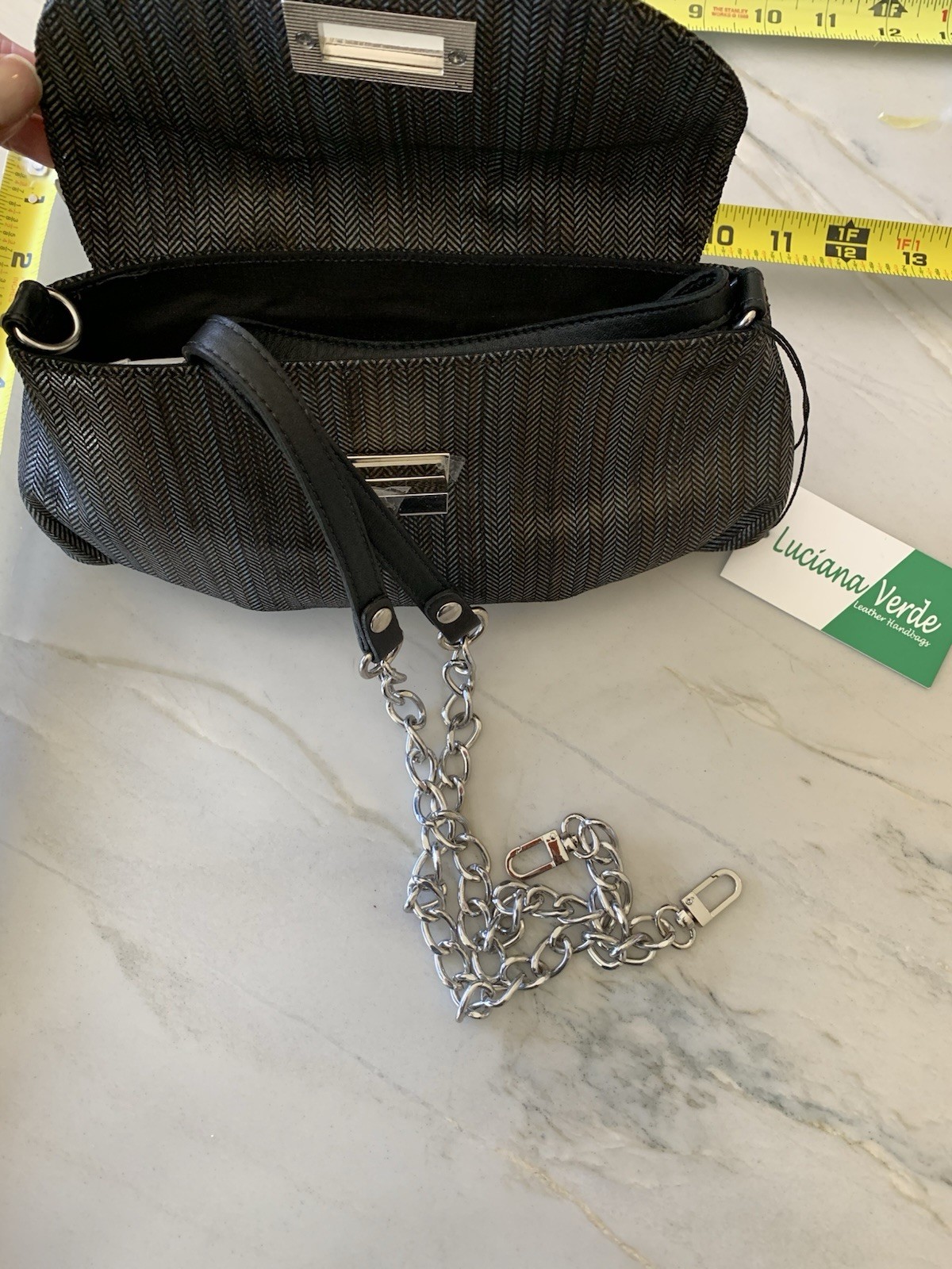 NWT Luciana Verde Leather Crossbody Clutch Herringbone Shoulder Handbag Gray