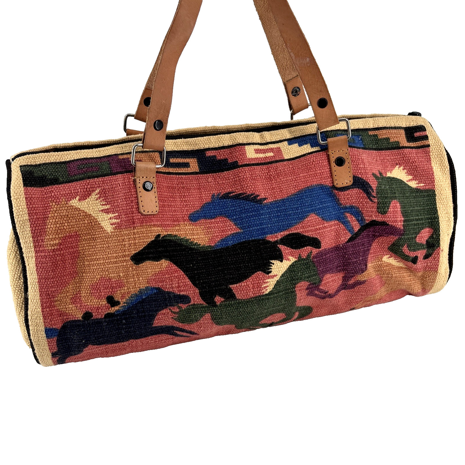 El Paso Saddle Blanket Co Western Leather Handle Cotton Satchel Roll Bag Horses