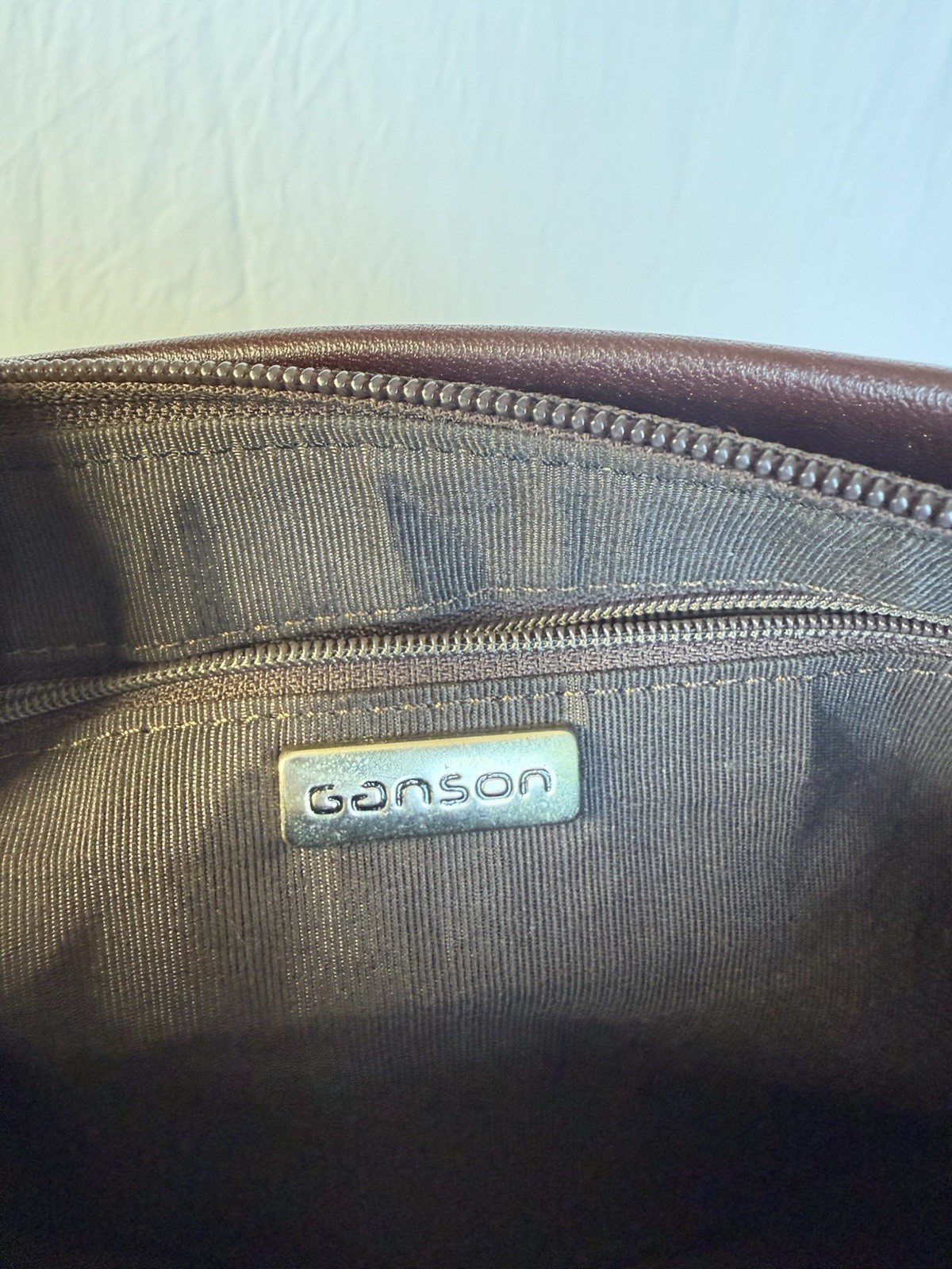 Vintage GANSON Leather Clutch Bag Gold G Logo Minimalist 70s 80s Brown