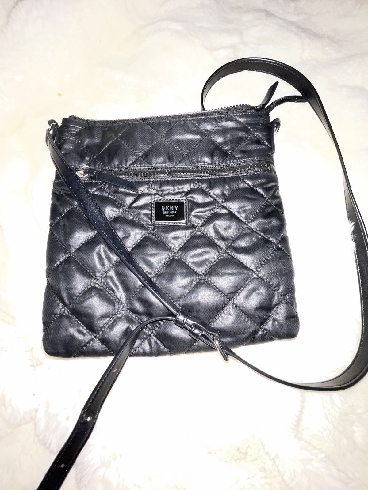 DKNY Maya Zip Front Nylon Crossbody Silver Tone zip Closure Black