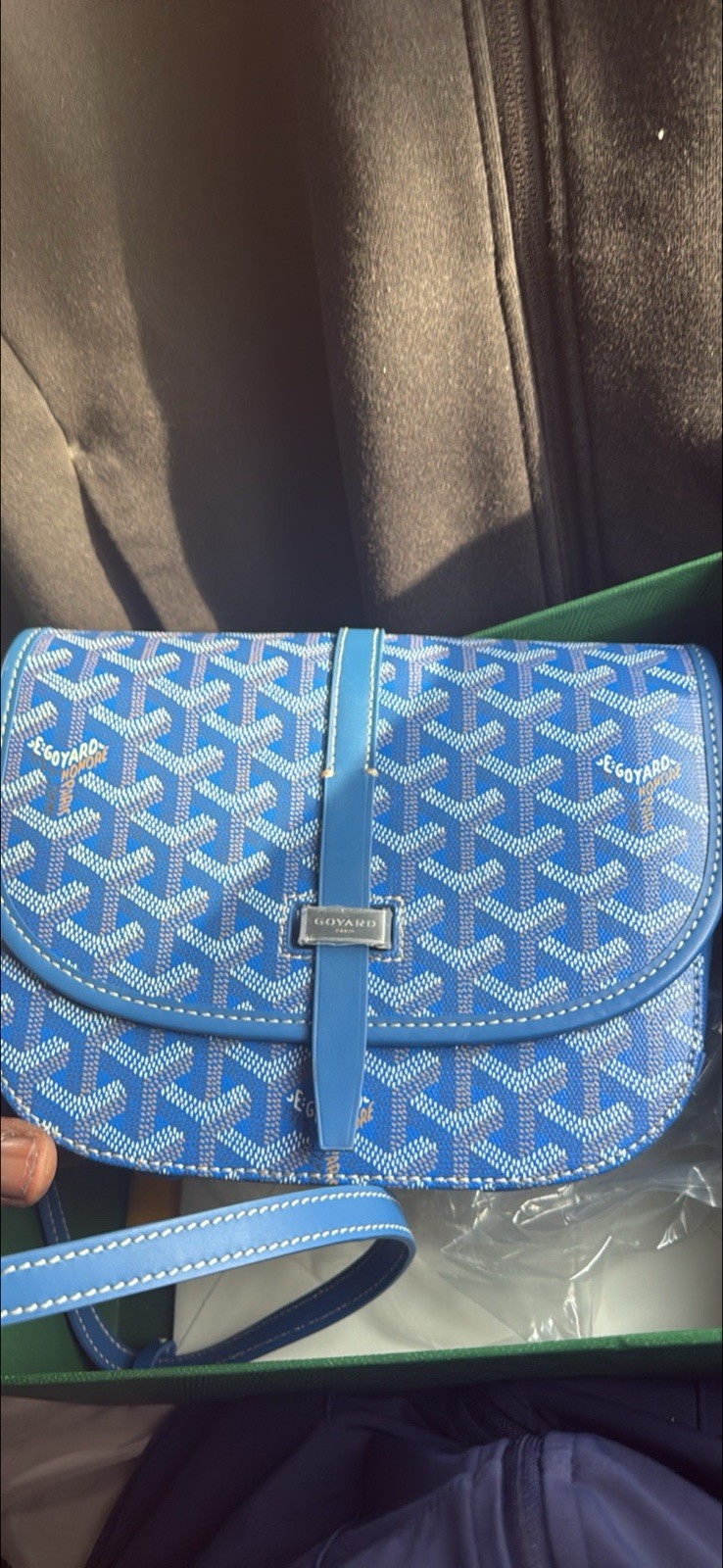 Goyard Blue Monogram Flap Crossbody Bag w/ Detachable Strap, Orange Lining