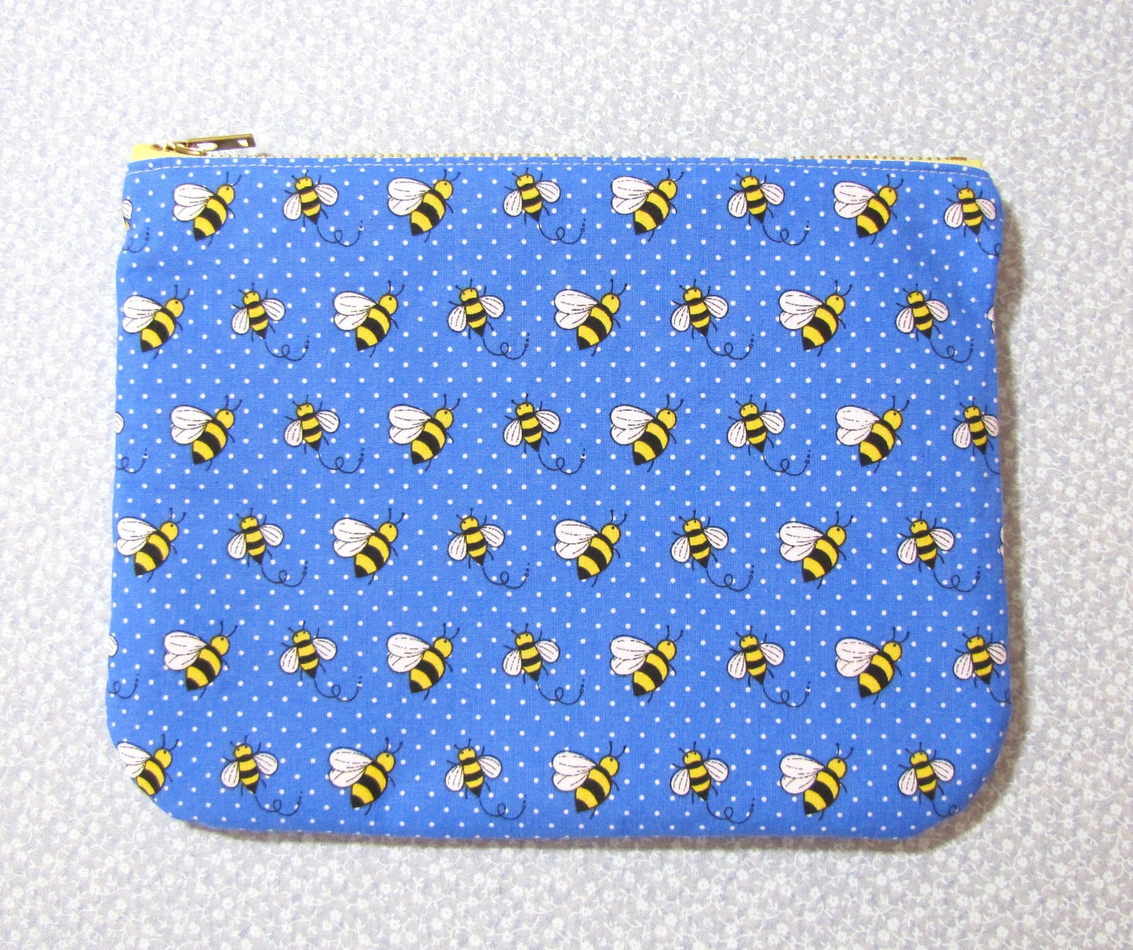 Honey Bee Zipper Pouch; Blue & Yellow Polka Dots Ditty Bag, 9.75 x 7.5″ Handmade