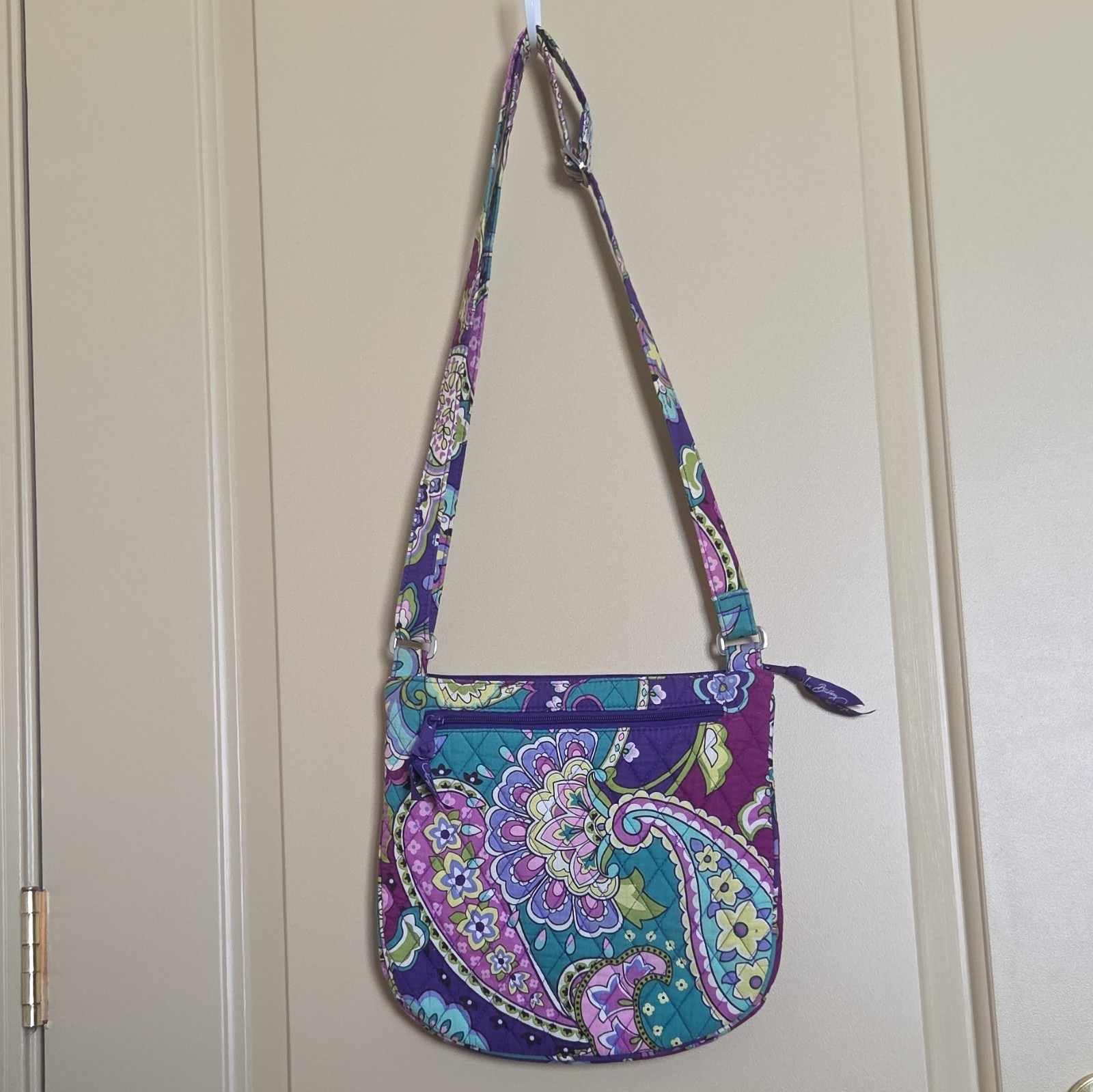 Vera Bradley Paisley Crossbody Bag Purple Teal, Zip & Turn Lock, Pockets Strap
