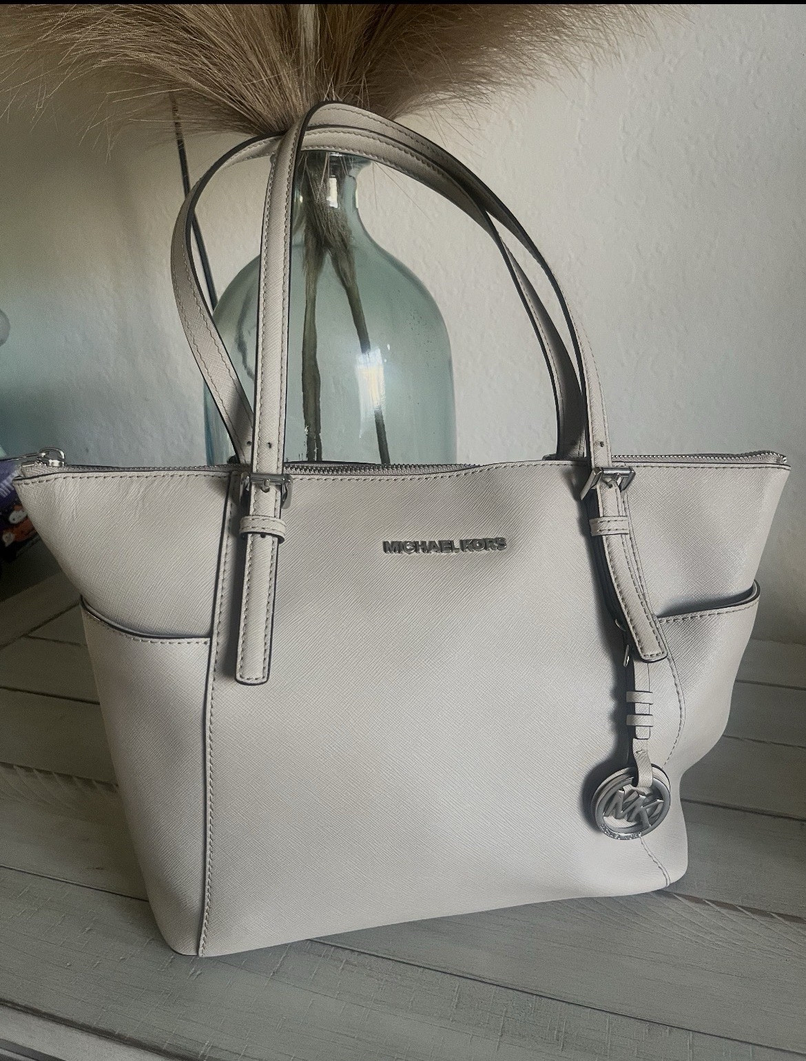 Michael Kors Gray Zip Tote Bag w/ Bag Charm, Silver Hardware, Inner Pockets