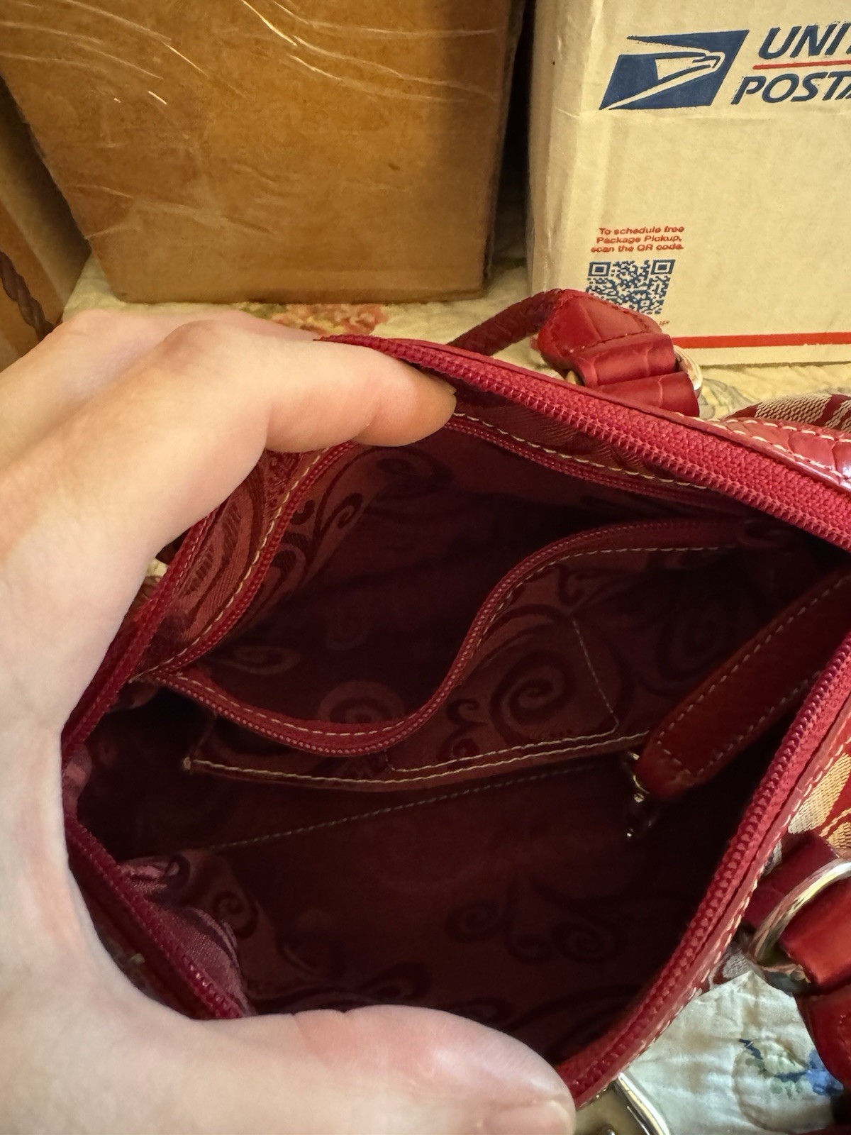 Brighton Red Heart Print Small Satchel Top Handles Zip Bag w/ Charm, Pockets