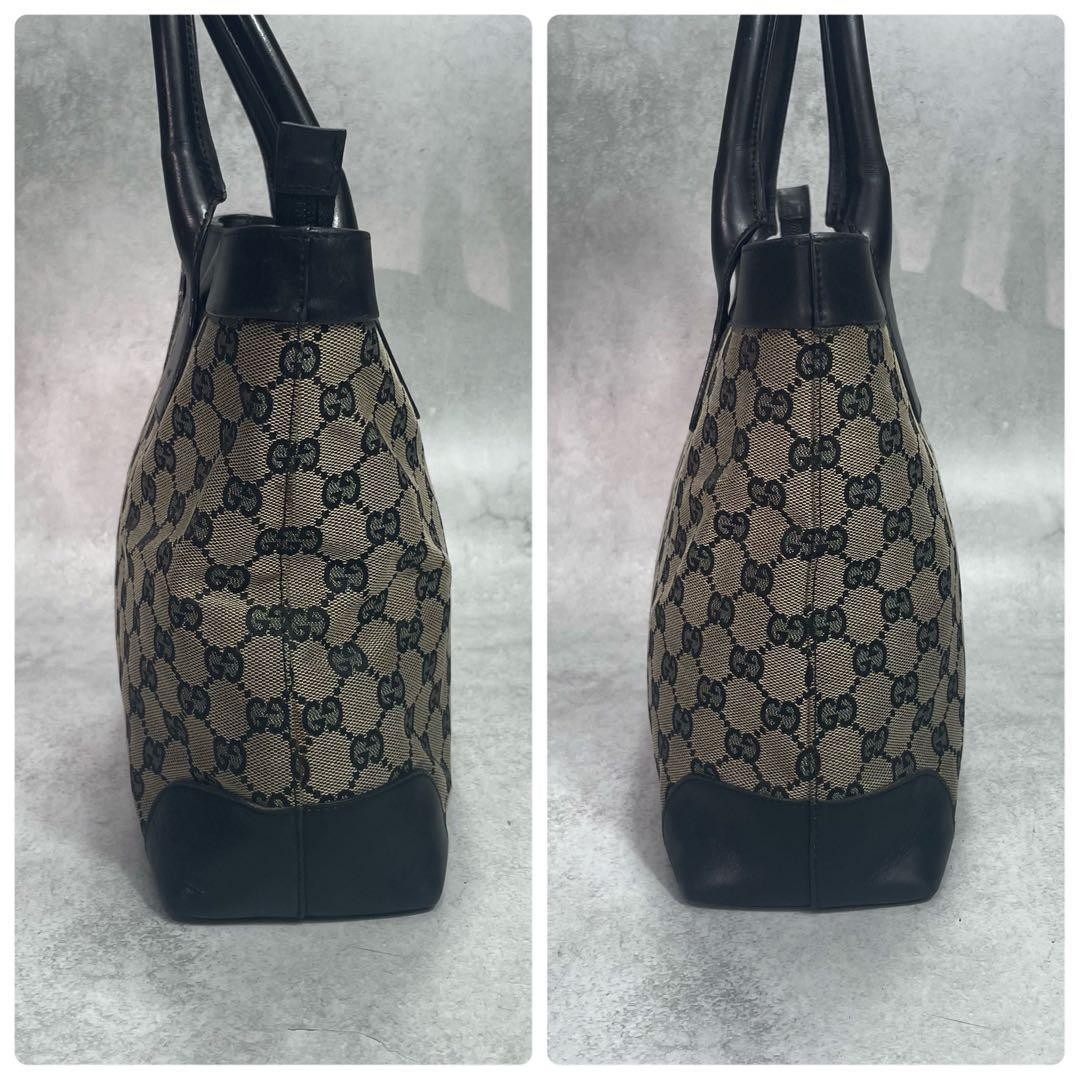 GUCCI 002.1119.1705 GG Tote Bag Black Beige Logo Canvas Leather Zip From Japan