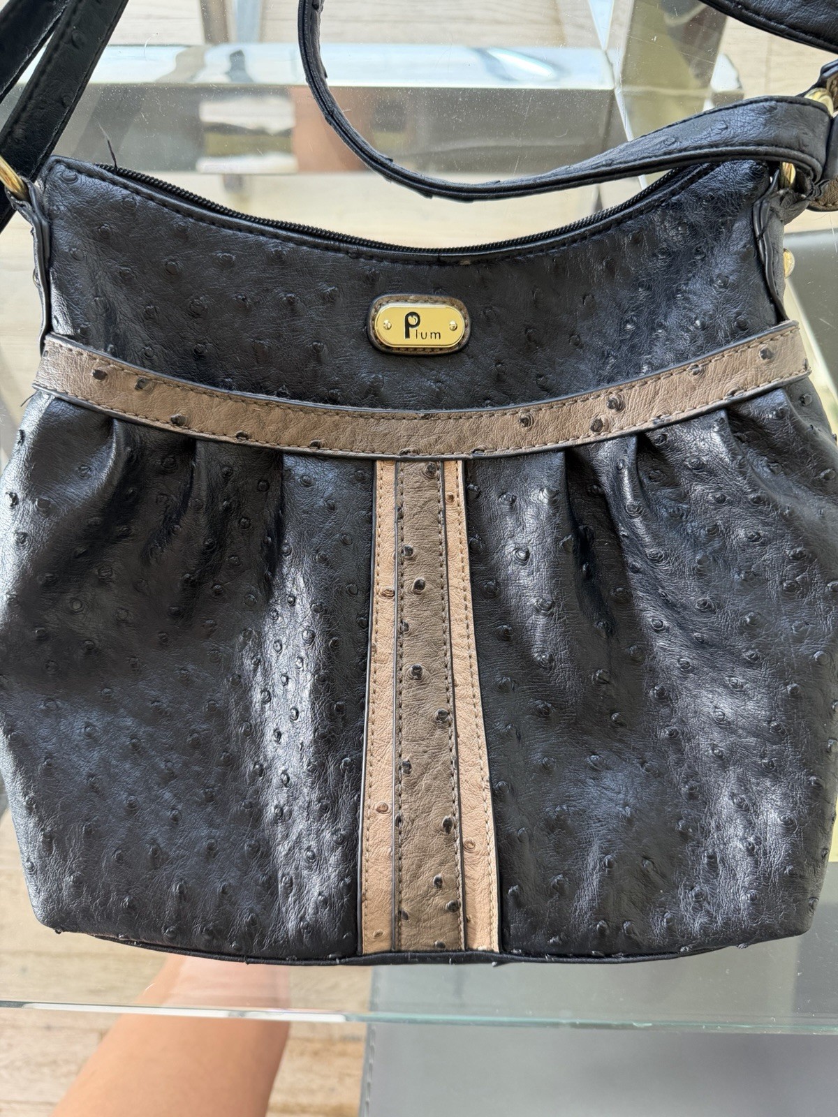 Plum Beige Faux Ostrich Leather pleated Shoulder Crossbody Bag Purse Taupe