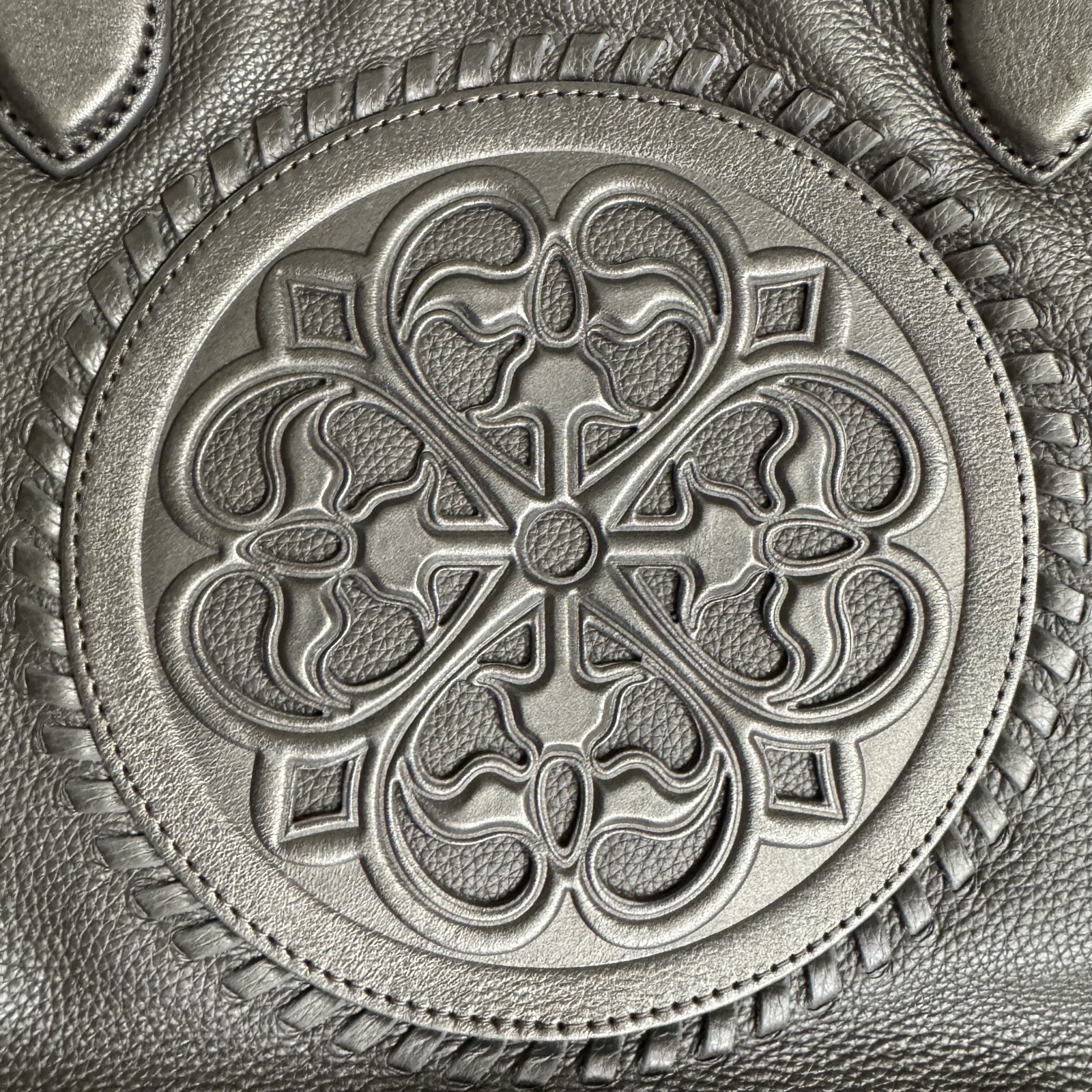 BRIGHTON FERRARA COLLECTION PEWTER GABRIELLA MEDALLION TASSELED TOTE PURSE