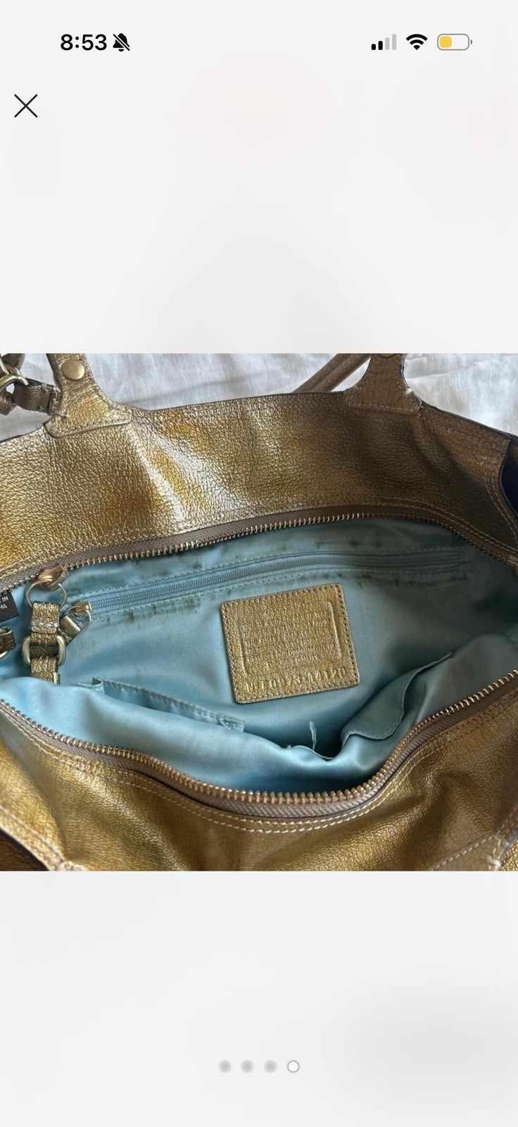 Coach Madison Metallic Gold Tote Zip Top Blue Lining Detachable Strap