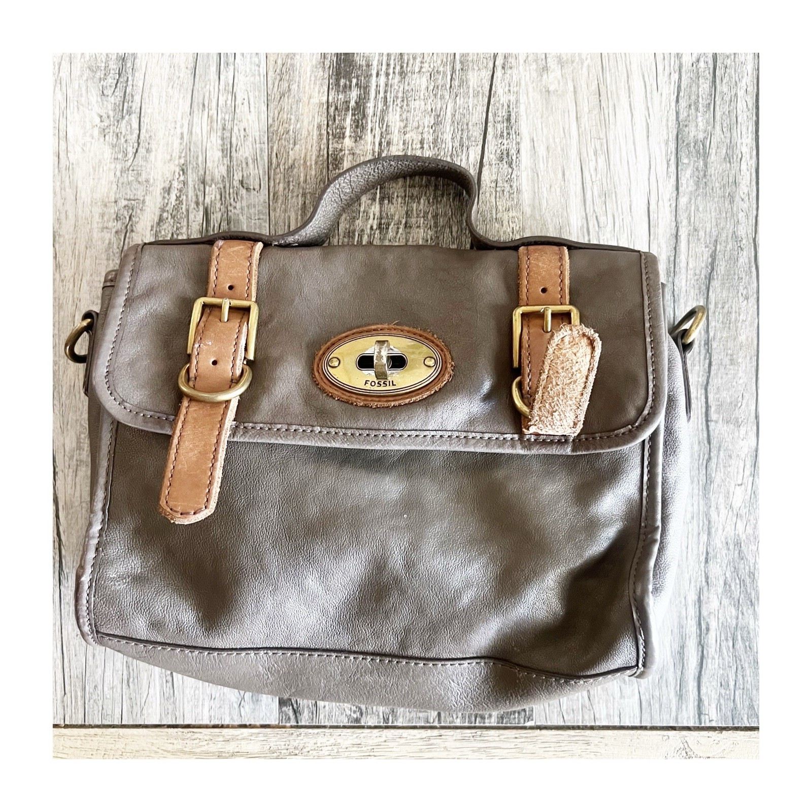 FOSSIL Long Live Taupe Leather Turn Lock Closure Crossbody Bag No Strap Vintage