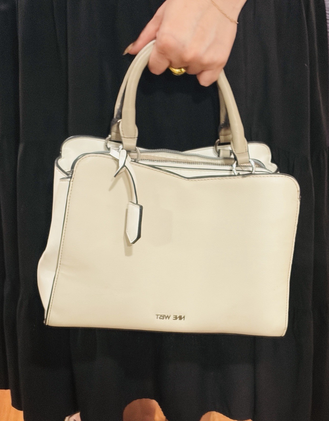 Nine West Ivory Satchel Top Handle Bag Zip Closure Silver Hardware Inner Pockets
