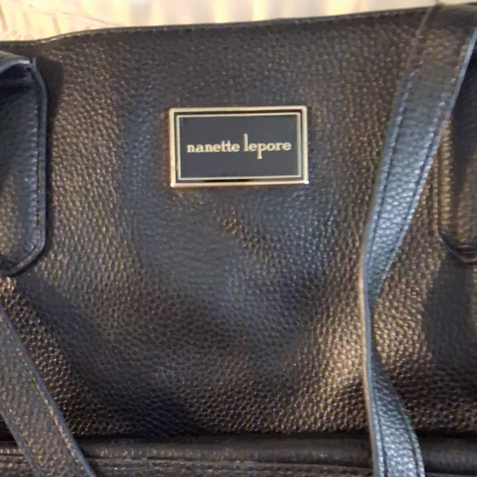 Nanette Lepore Black Textured Satchel Top Handle Bag Gold Hardware Zip Pockets