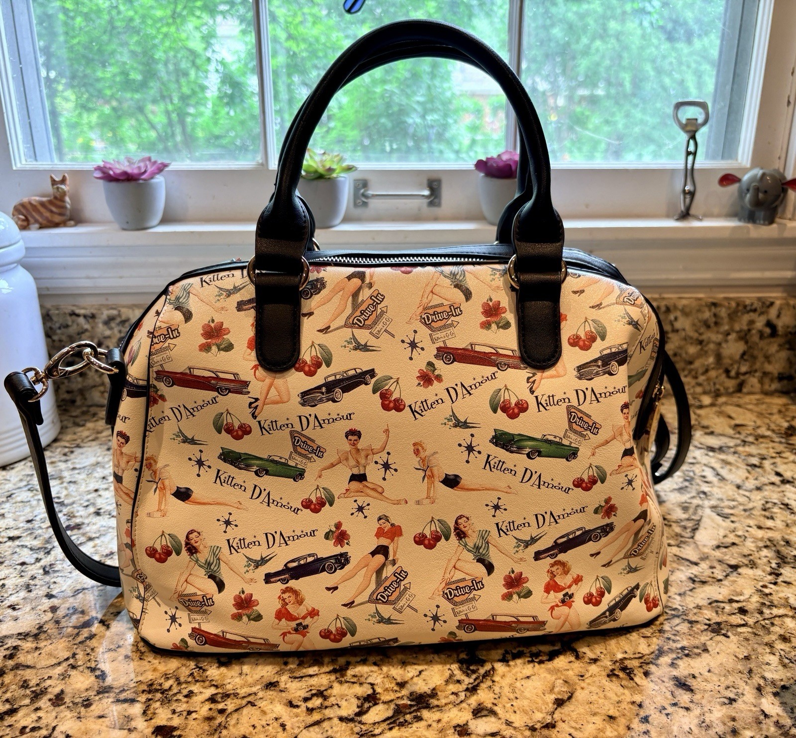 Kitten D’Amour Pin-Up Retro Satchel Top Handle Bag w/ Detachable Strap Wallet