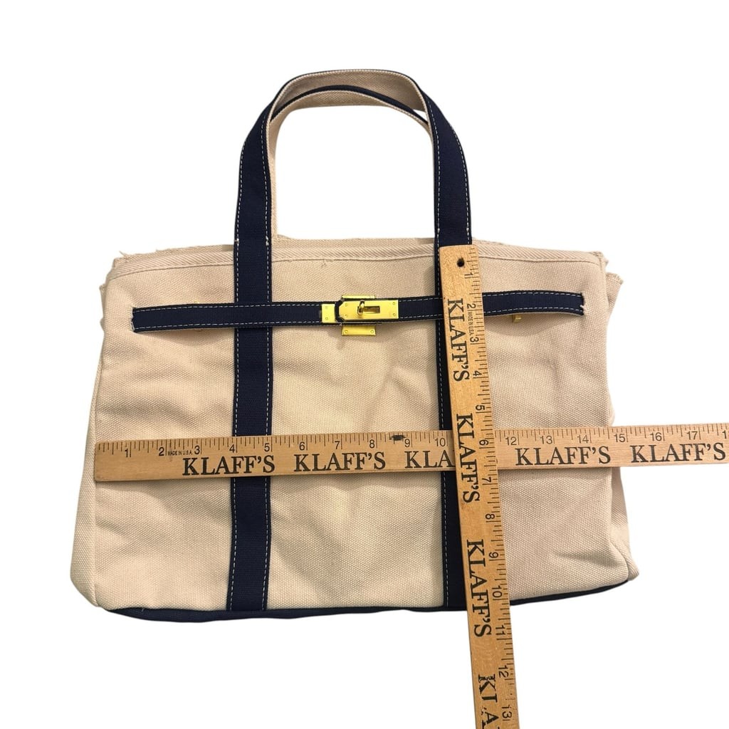 Canvas Boatkin Tote Bag in Natural and Navy with Gold Lock Hardware