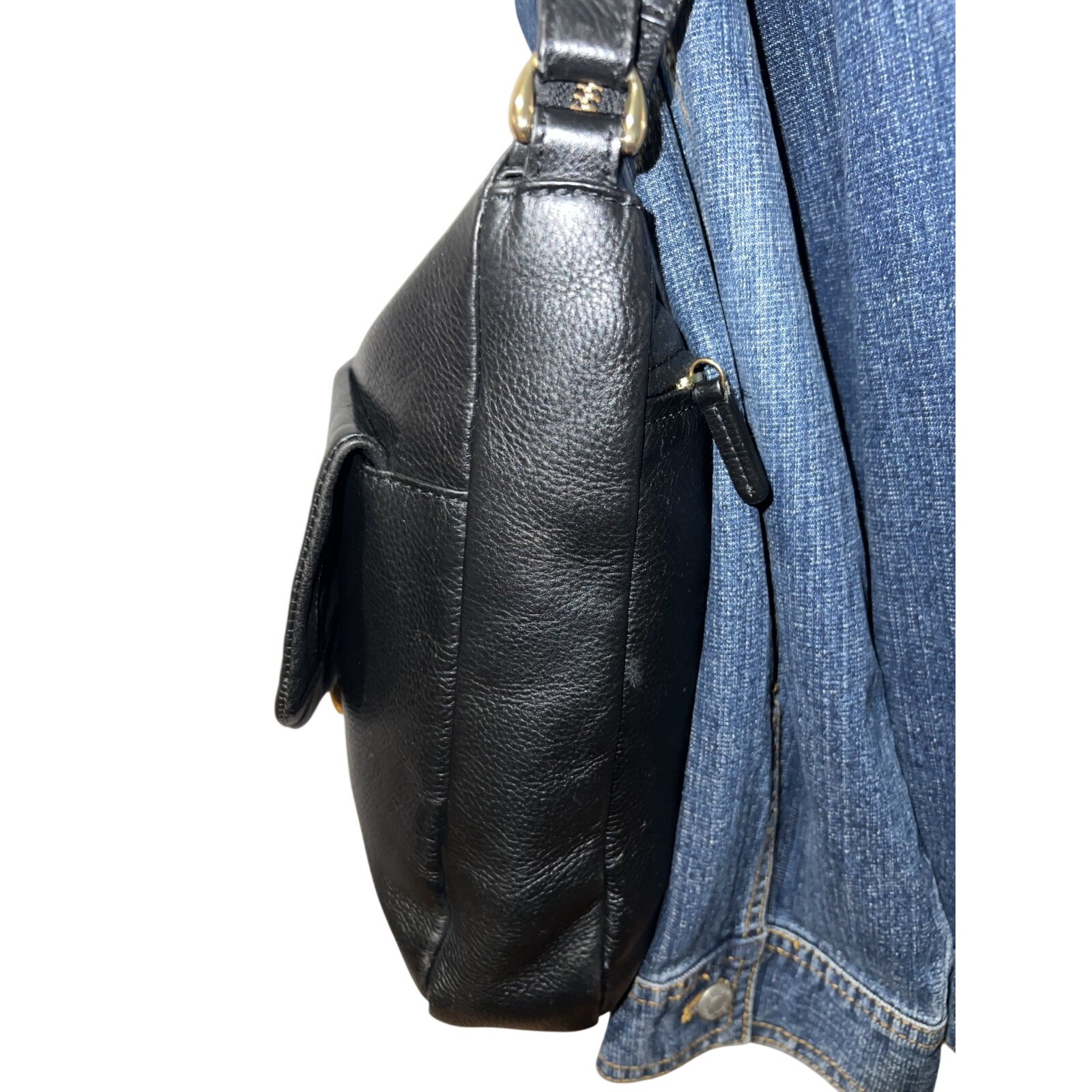 Tula Black Pebbled Leather Shoulder Bag Gold Hardware Adjustable Strap Pocket