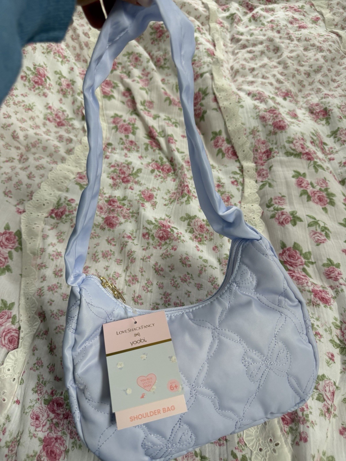 LoveShackFancy x yoobi Light Blue Quilted Shoulder Bag Gold Bow Zip, Lined