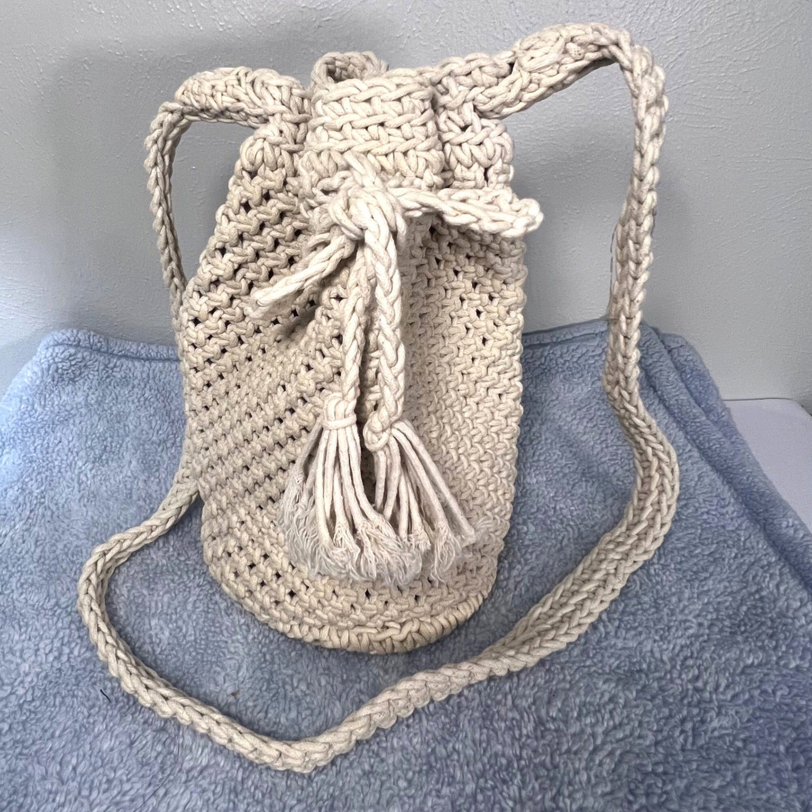Crochet Bucket Barrel Purse Cream Drawstring Boho Gypsy Coastal Oat Bag