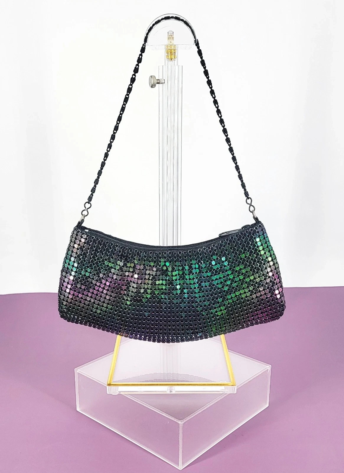 90s Y2K Black Iridescent Chain Mail Mesh Crescent Evening Bag Black Chain Handle
