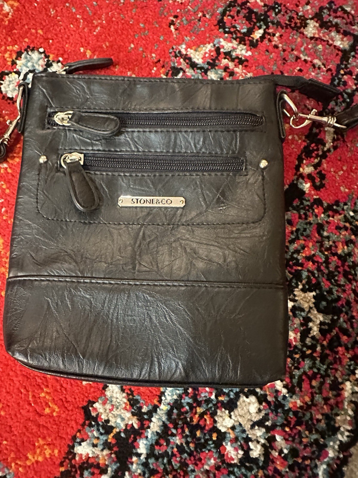 Stone & Co Black Shoulder Bag Zipper Stitching Logo Plaque Silver Hardware