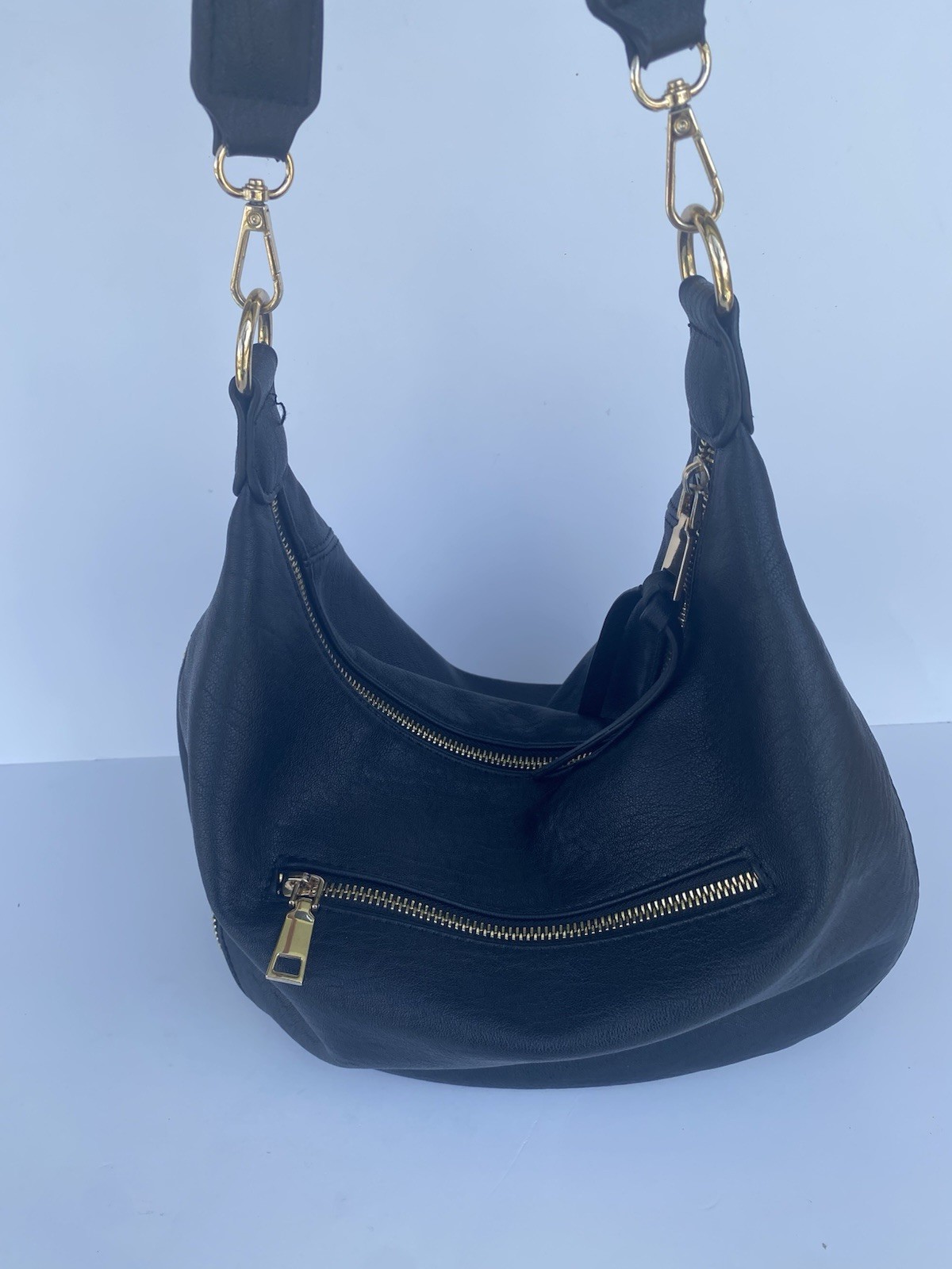 Women Shoulder Bag soft leatherette Black Gold Hardware Braided Detachable Strap
