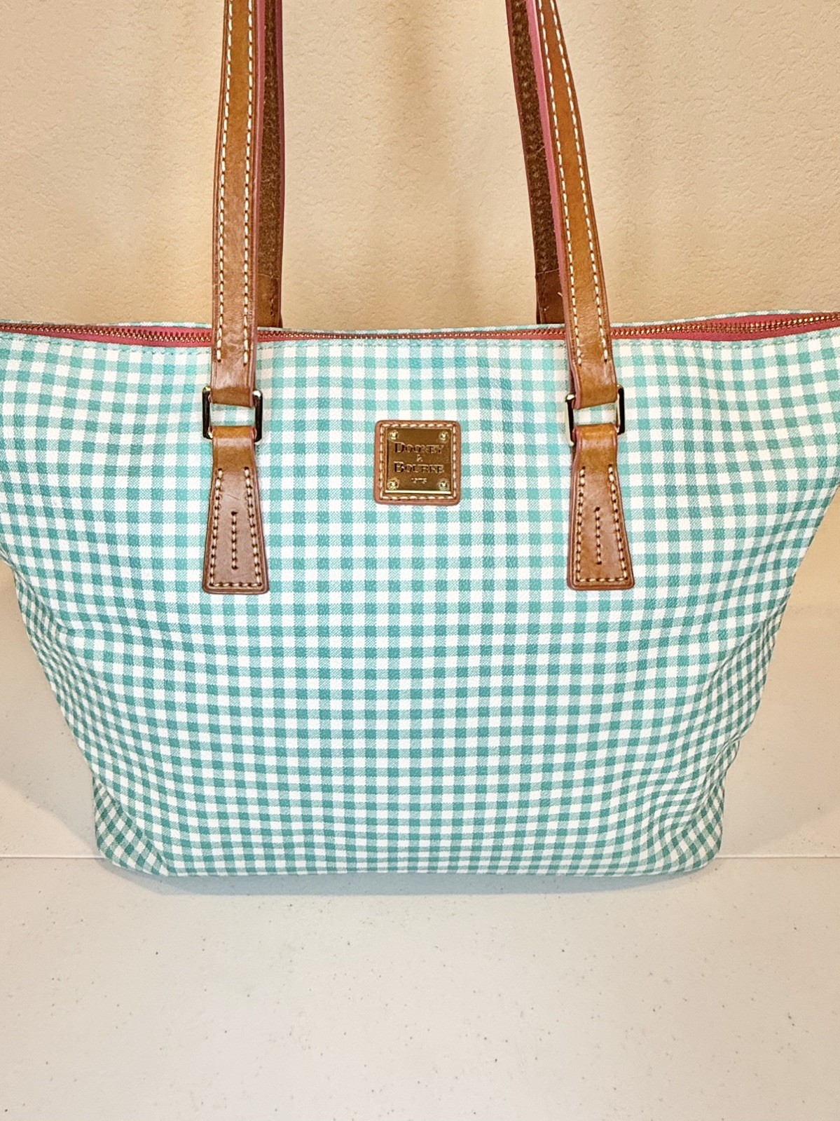Dooney & Bourke Sea Foam Blue Gingham Leather Zip Top Shopper Tote Shoulder Bag