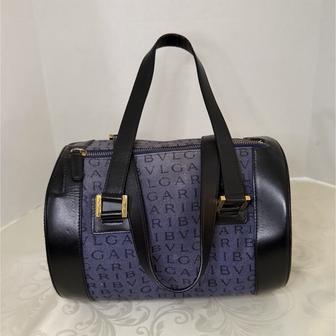 BVLGARI Logo Print Black/Blue Cylinder Top Handle Bag Zip Closure Gold Hardware