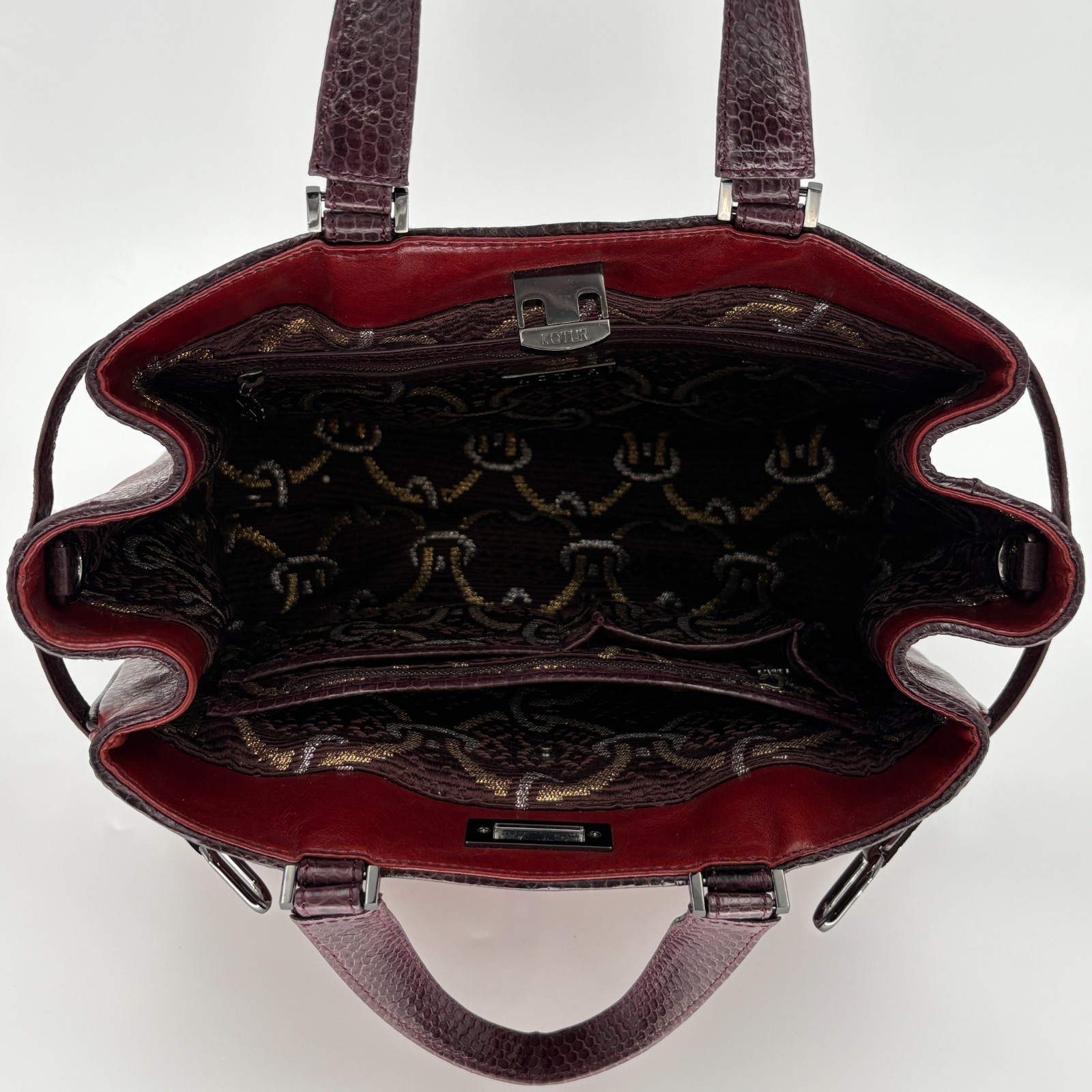 Kotur Muses Burgundy Leather Python Trim Convertible Satchel Tote Bag