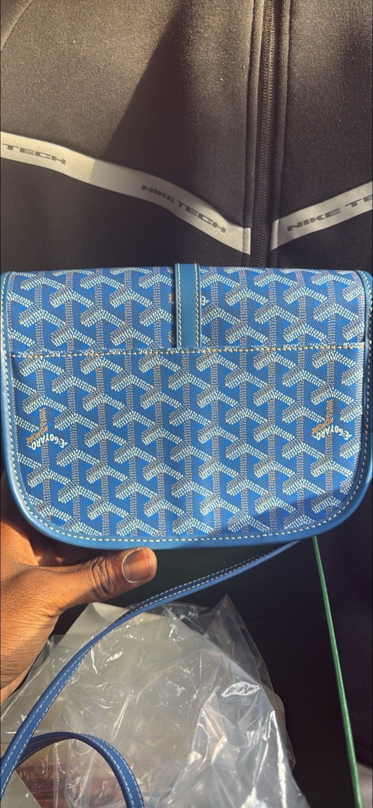 Goyard Blue Monogram Flap Crossbody Bag w/ Detachable Strap, Orange Lining