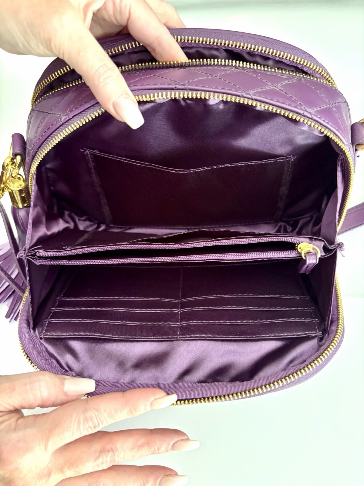 Joy & Iman Plum Purple Quilted RFID Crossbody Camera Bag NWT Tassel