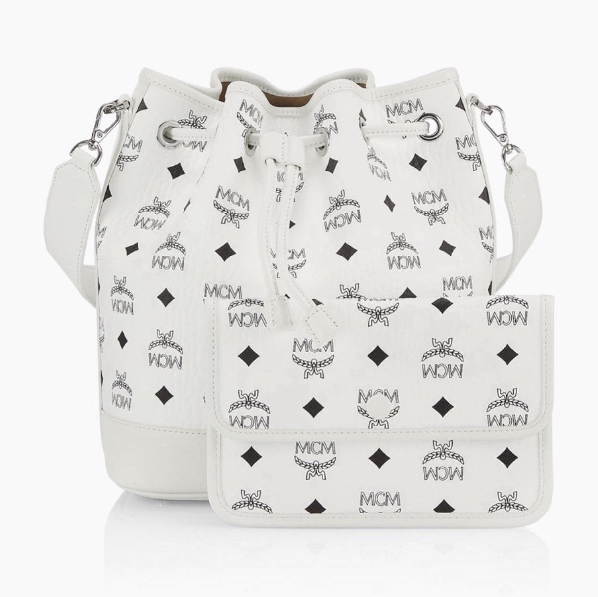 MCM White Logo Bucket Bag Drawstring with Pouch and Original Dust Bag