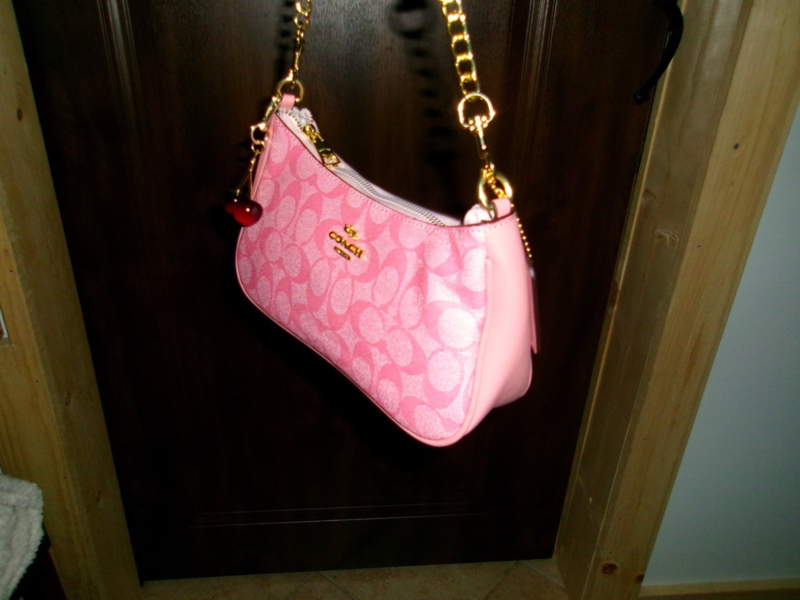 Coach Pink Logo Small Crescent Shoulder Bag Gold Chain Strap Cherry Charm