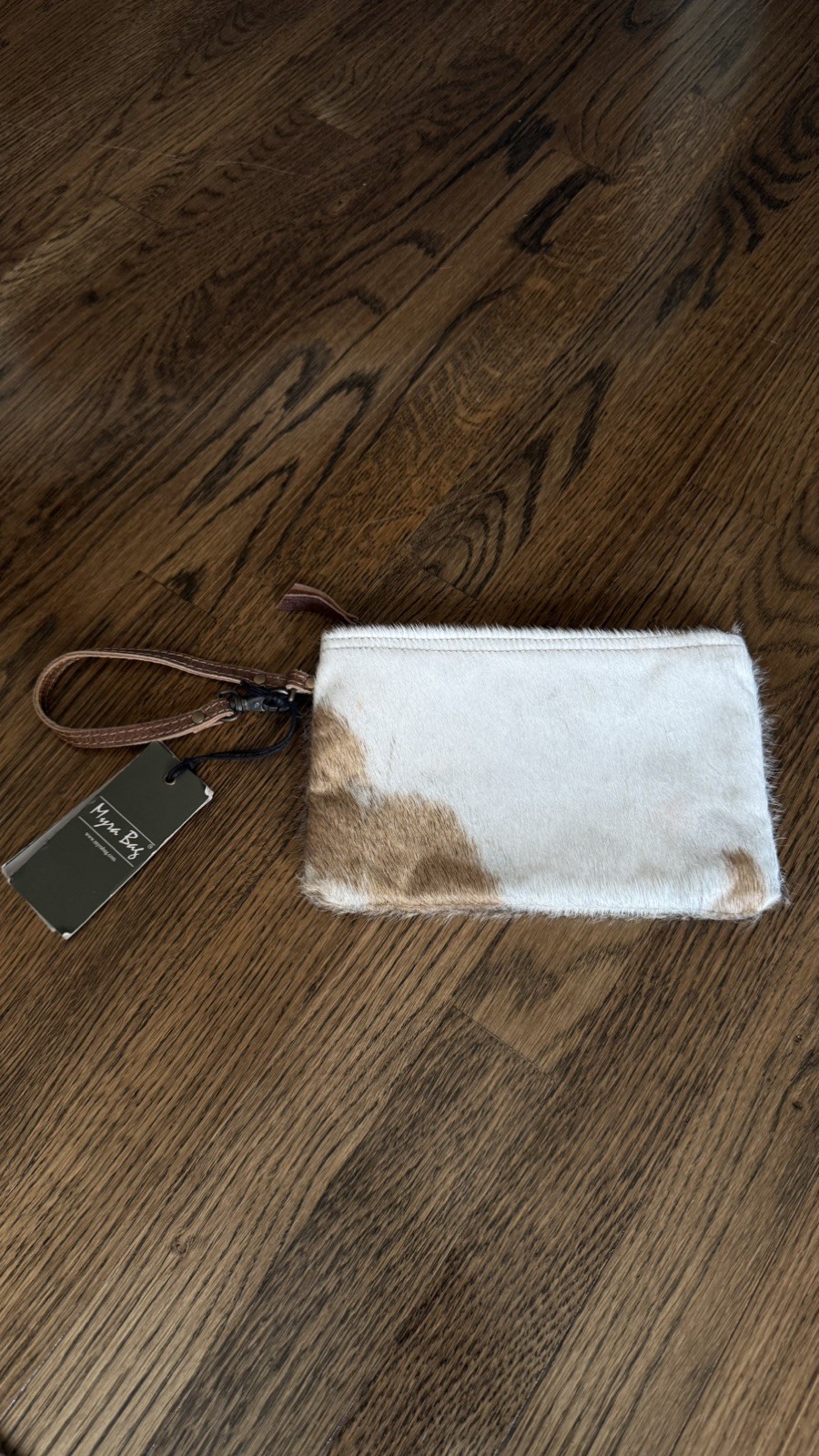Myra Bag White & Brown Hairon Small Bag / Wrist Strap S-0785 NWT