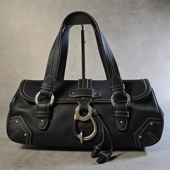 Bally Black Leather Hobo Bag Y2K Silver Hardware White Stitch Shoulder Bag