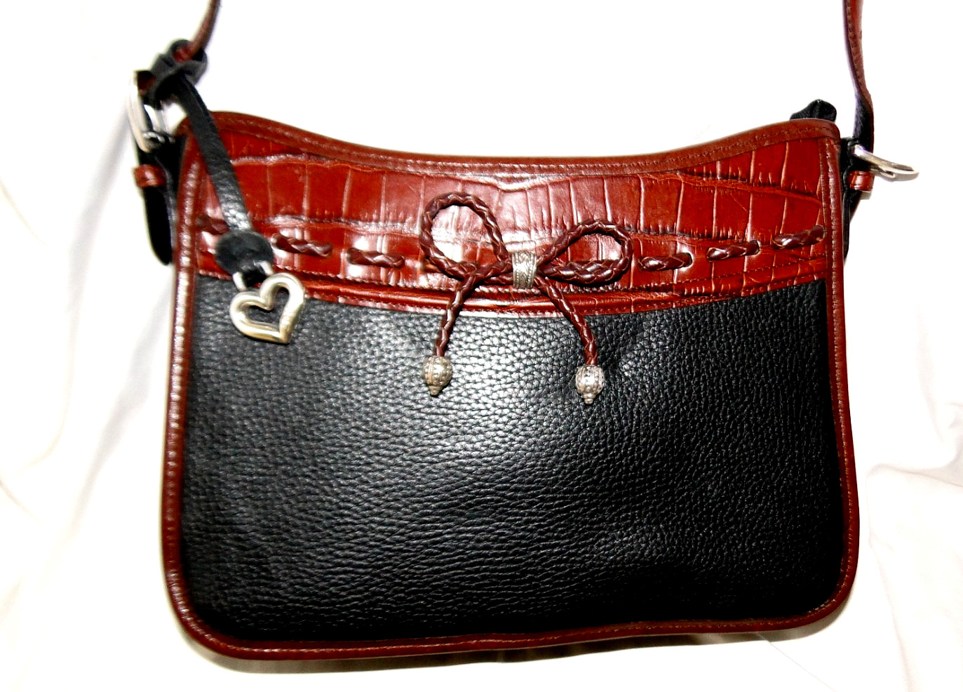 Brighton Vintage Emma Black Pebble & Brown Leather Front Bow Shoulder Bag Purse