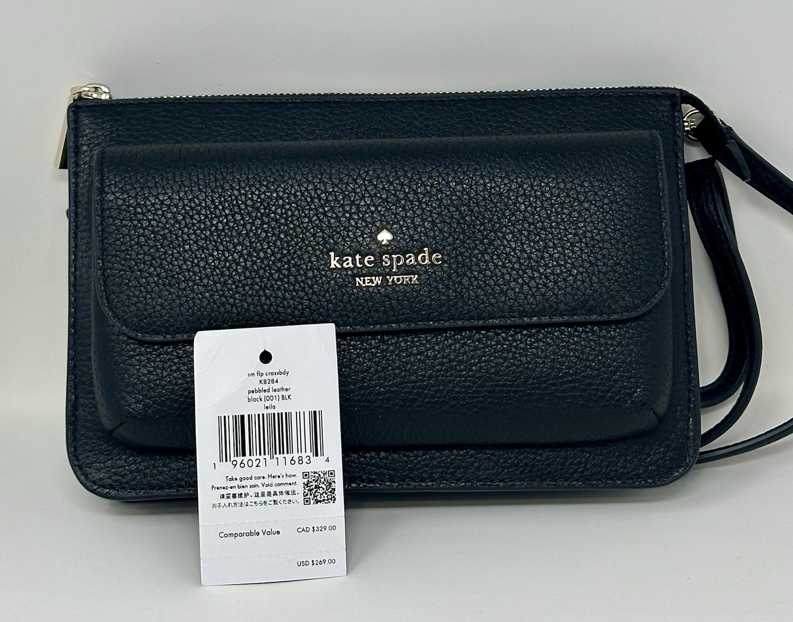 Kate Spade New York Leila Small Flap Crossbody Pebbled Leather Black K8284 New