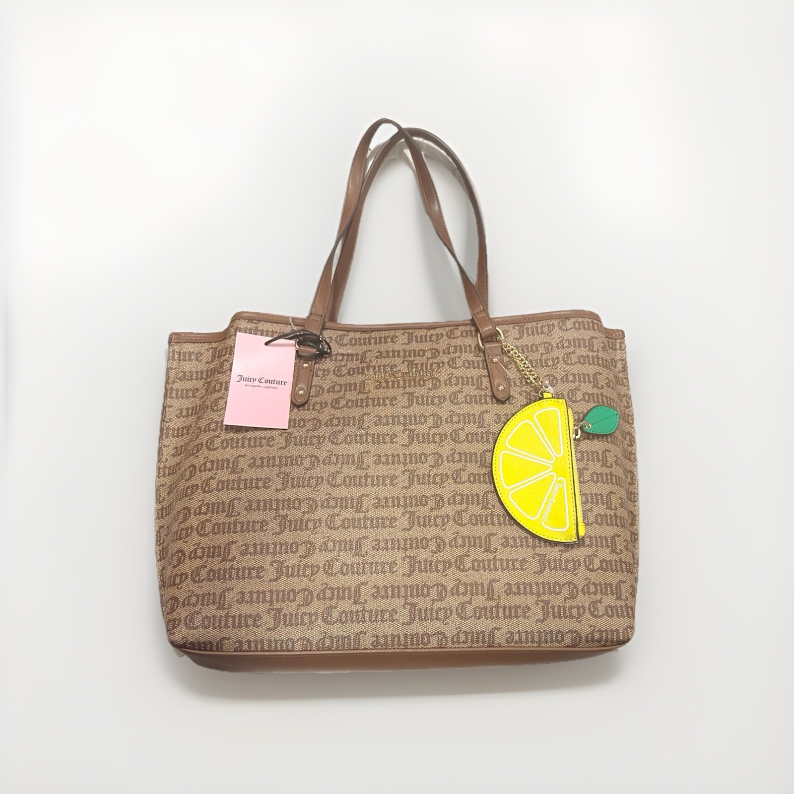 Juicy Couture Brown Logo Tote Bag Lemon Charm Gold Hardware Double Handles