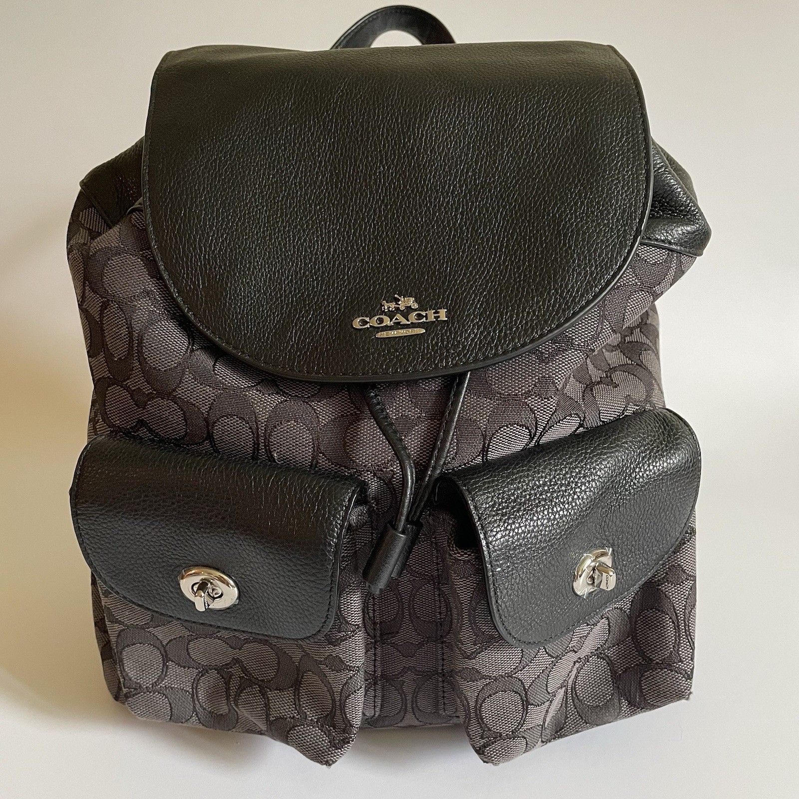 Coach Billie Backpack Outline Signature Jacquard/Black Leather Trim/Black & Grey