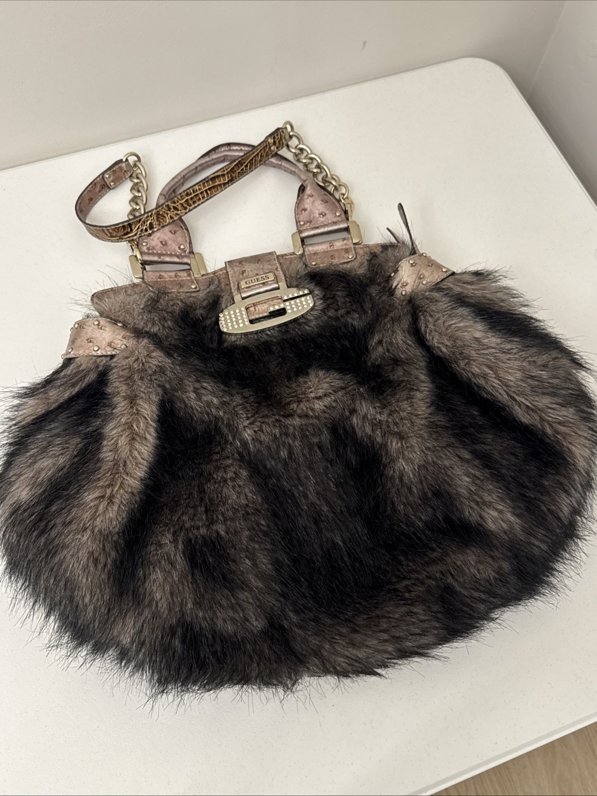 Vintage Y2K Guess Faux Fur Hobo Bag Rose Gold McBling Rhinestone Purse VERY RARE