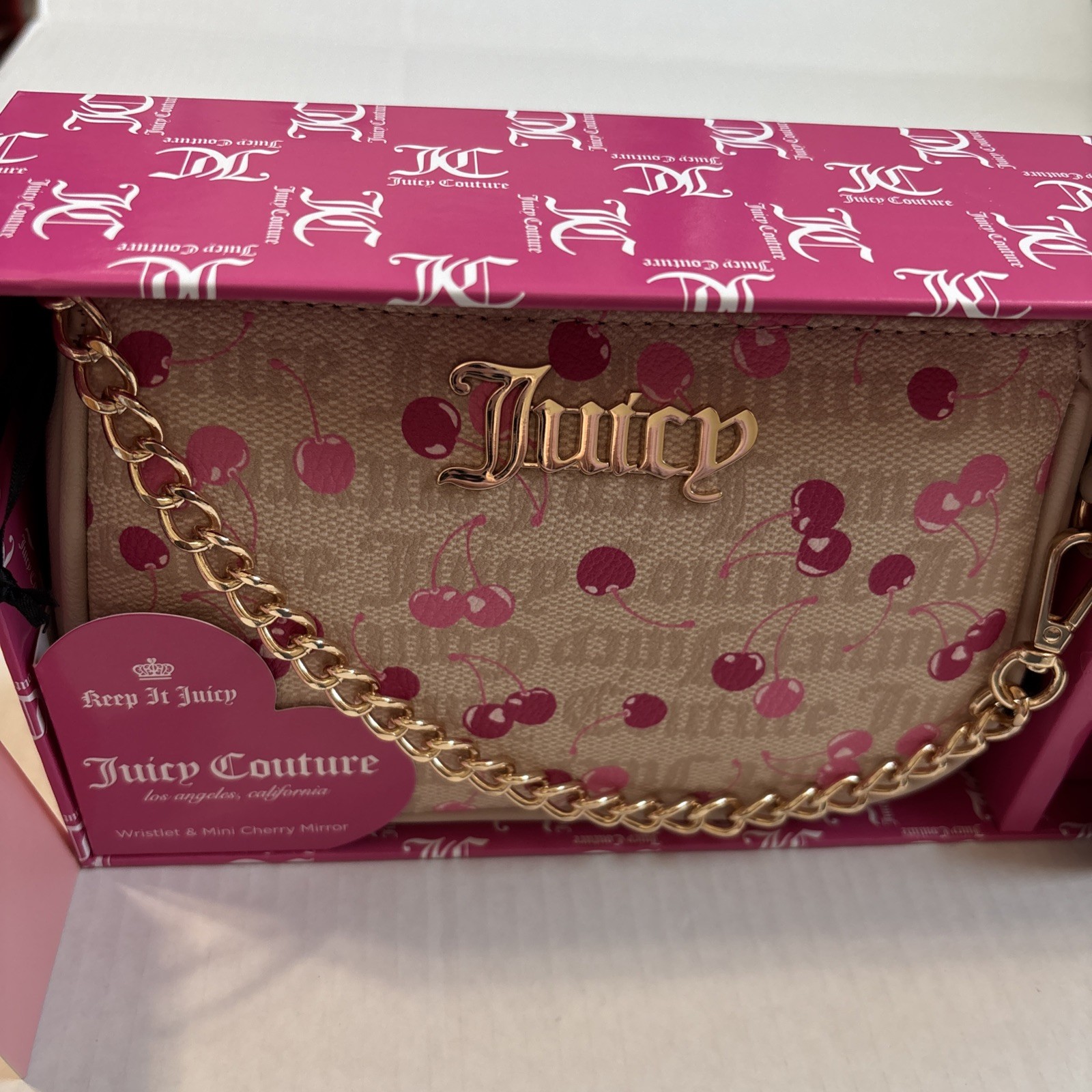 JUICY COUTURE Cherry Print Wristlet & Mini Cherry Mirror Boxed For Gifting NWT