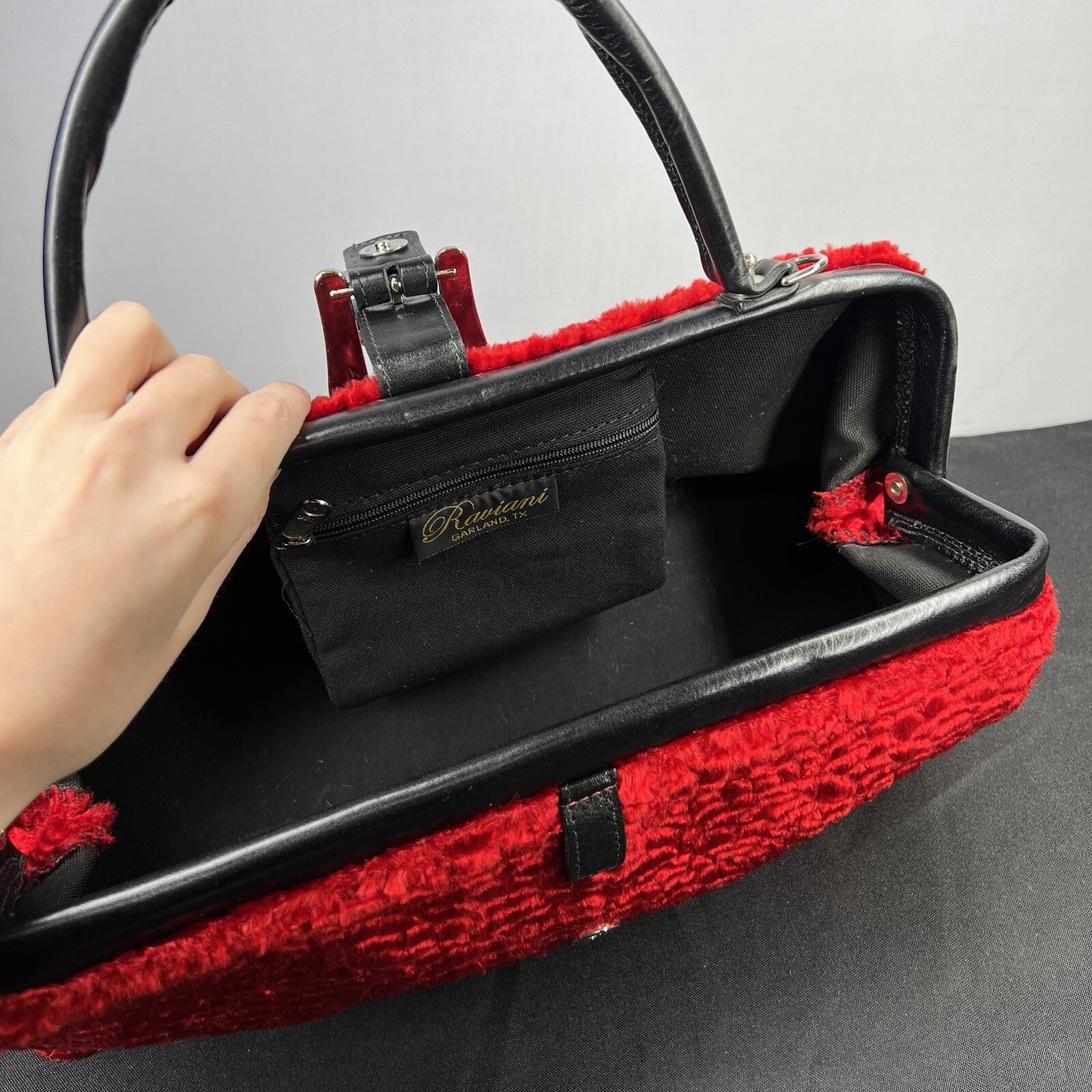 Raviani Red Faux Fur Rhinestone Studded Handbag Purse New Read