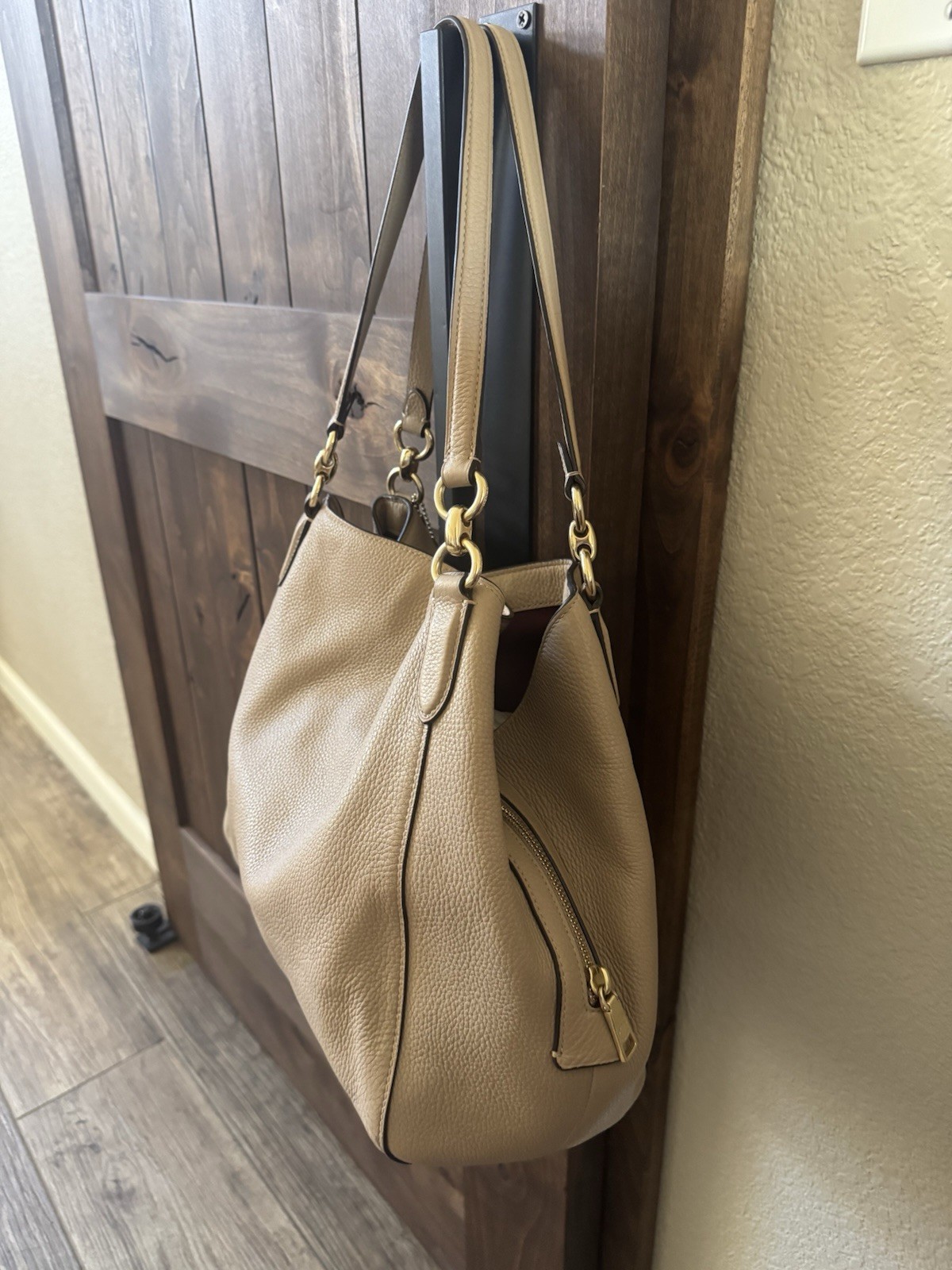 Coach Hallie 3 compartment shoulder bag taupe with burgundy color interior 80268