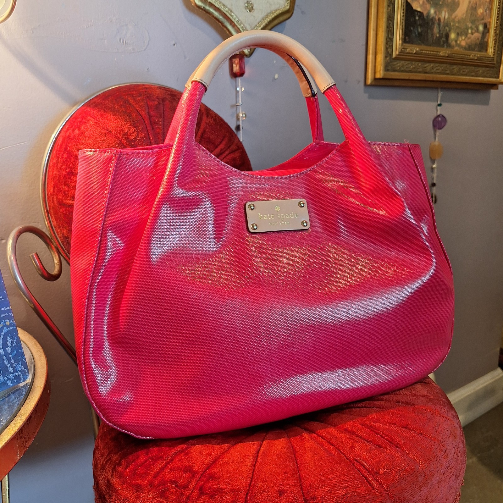 Vintage Y2K Kate Spade New York Vibrant Pink Bag Interior Polka Dots
