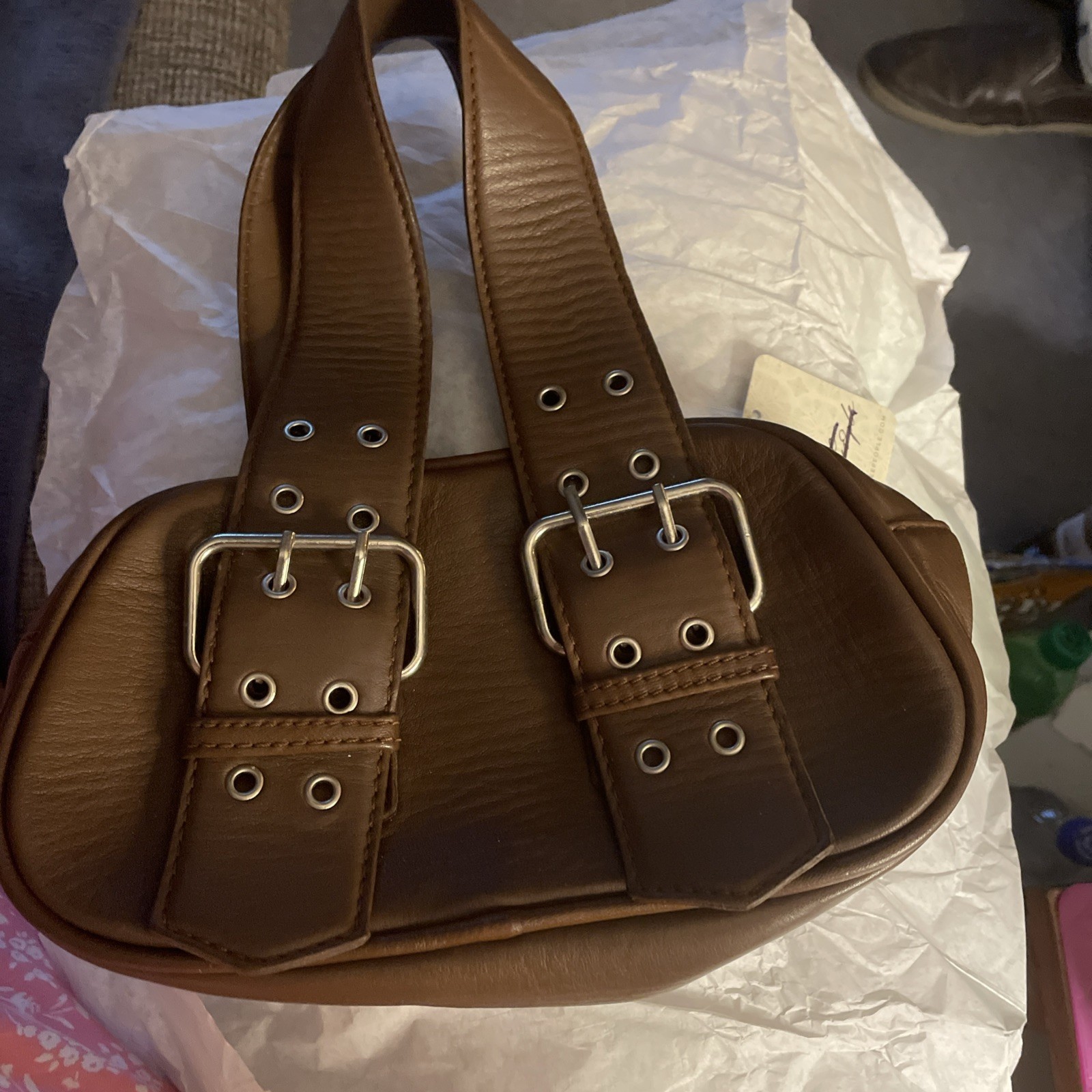 Free People Say Yes Black Brown Leather Oval Hand Bag. New With Tags.