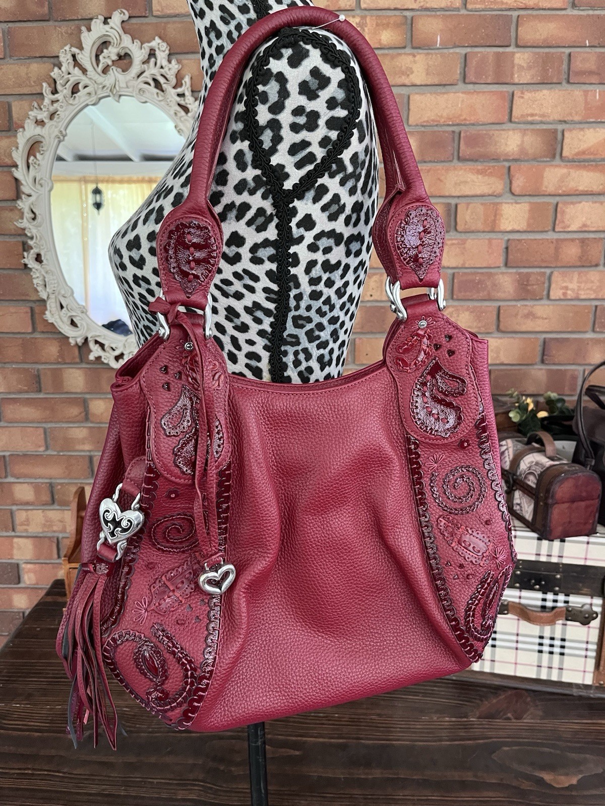 Brighton Masterpiece Collection MELANIA Leather Applique Shoulder Bag Merlot