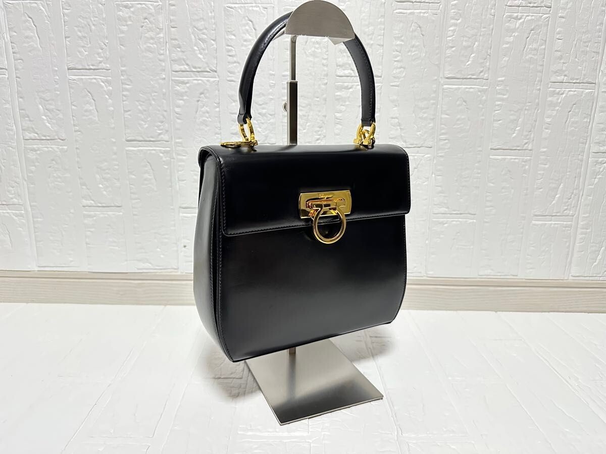 Salvatore Ferragamo Gancini Black Leather Handbag Gold Hardware Top Handle