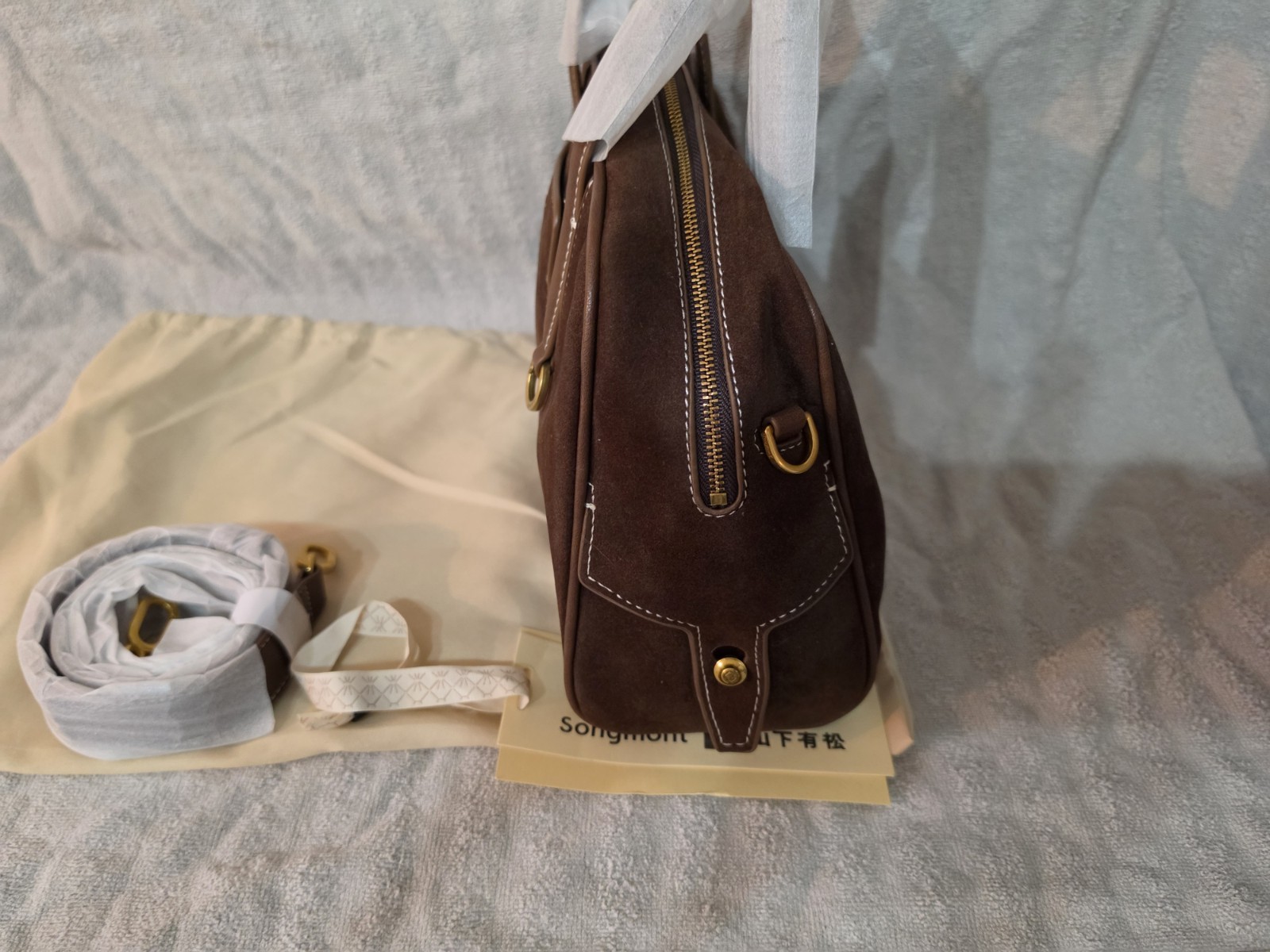 Songmont Brown Top Handle Bag Zip Detachable Strap, Dust Bag, Brand Card