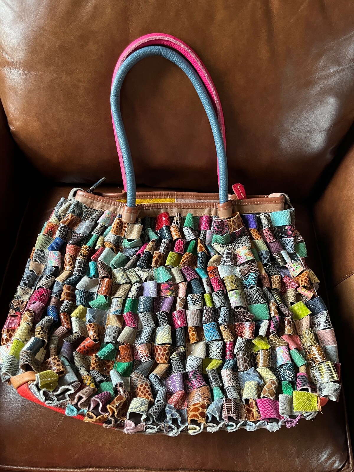 Large Colorful Various Style Looped Leather Handbag Purse w Two Short Handles &