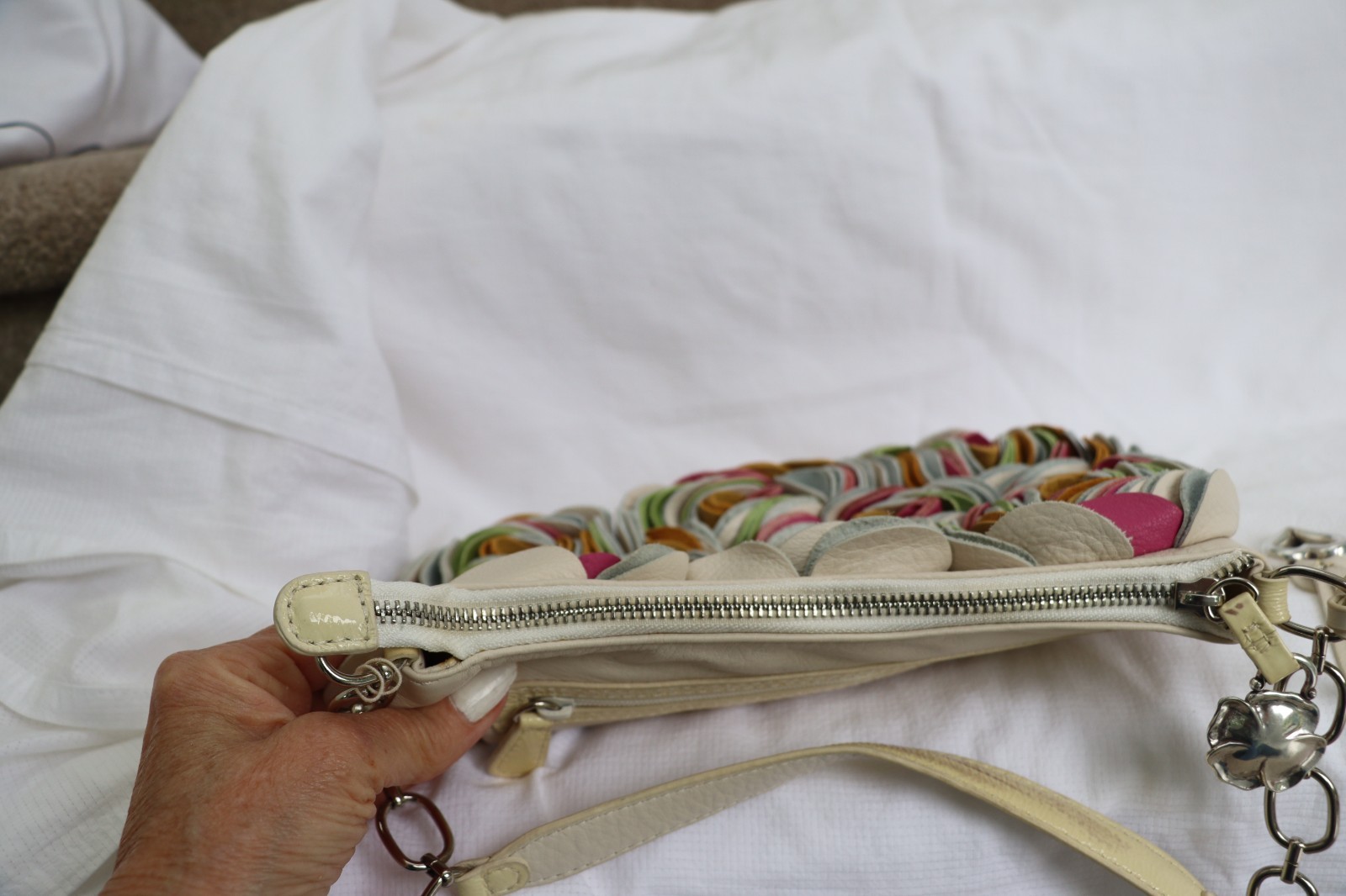 Brighton Masterpiece Collection 3D Leather Cream & Multicolor Floral Handbag